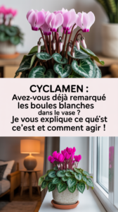 Cyclamen : avez-vous déjà remarqué les boules blanches dans le vase ? Je vous explique ce que c’est et comment agir !