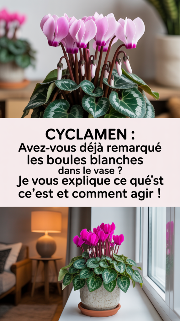 Cyclamen : avez-vous déjà remarqué les boules blanches dans le vase ? Je vous explique ce que c’est et comment agir !