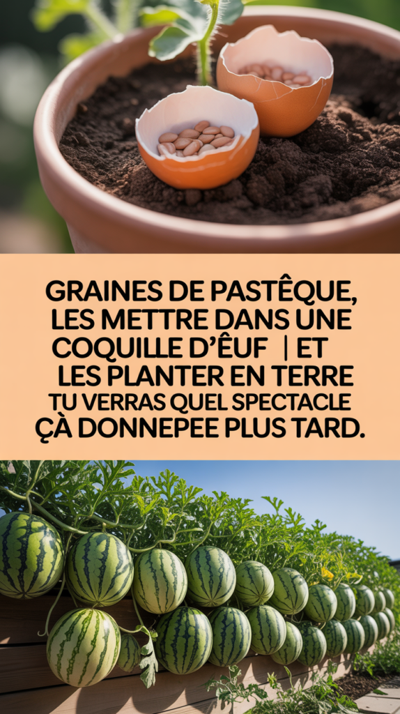 Graines de pastèque, les mettre dans une coquille d'œuf et les planter en terre | Tu verras quel spectacle ça donne plus tard.
