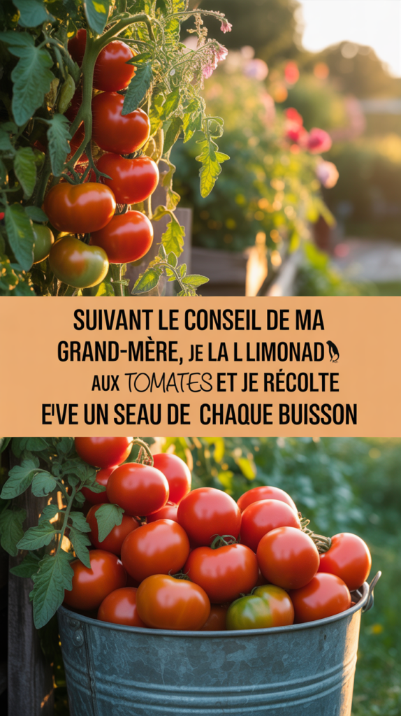 Suivant le conseil de ma grand-mère, je donne de la limonade aux tomates et je récolte un seau de chaque buisson.