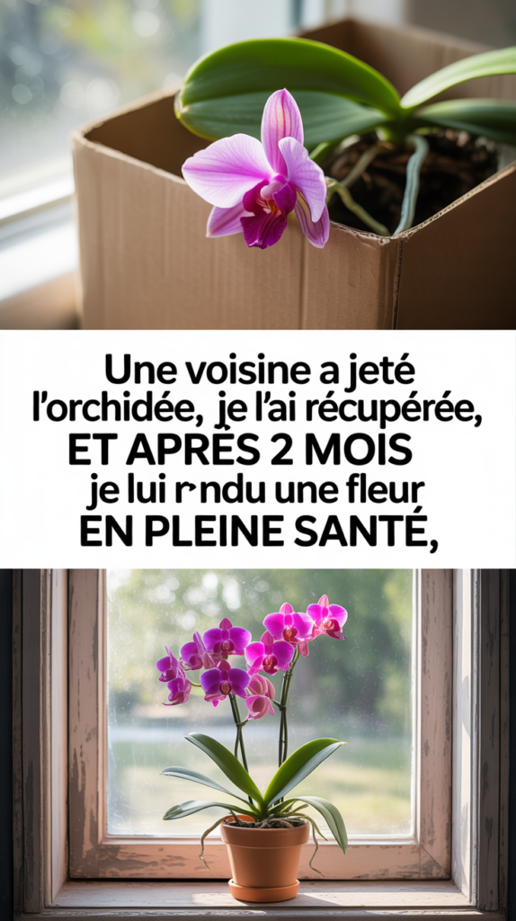 Une voisine a jeté l'orchidée, je l'ai récupérée, et après 2 mois je lui ai rendu une fleur en pleine santé.