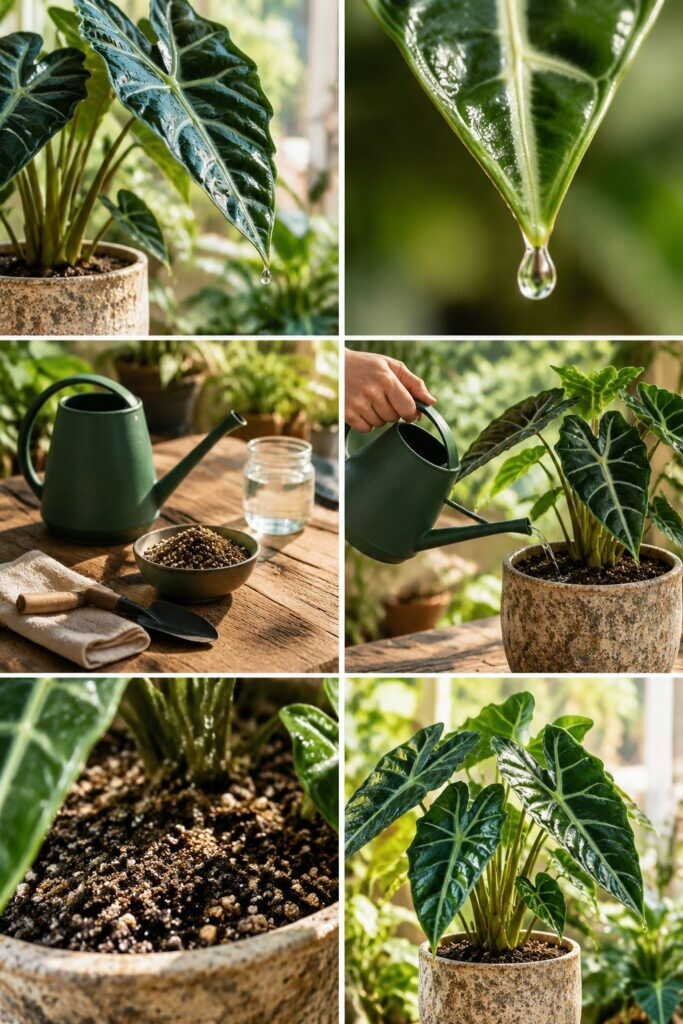 Alocasia dont les feuilles gouttent : elle a trop d'eau, espacez l'arrosage