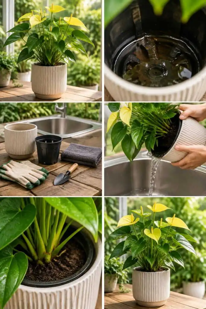 Anthurium aux feuilles jaunes : l'eau stagne au fond du cache-pot, videz-le après chaque arrosage