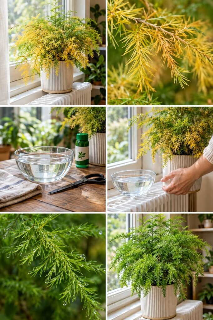 Asparagus qui jaunit et tombe : le chauffage l'assèche, une coupelle d'eau règle tout