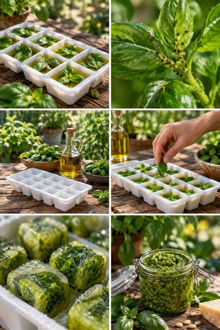 Basilic congelé dans l&rsquo;huile d&rsquo;olive en bac à glaçons : le pesto de janvier