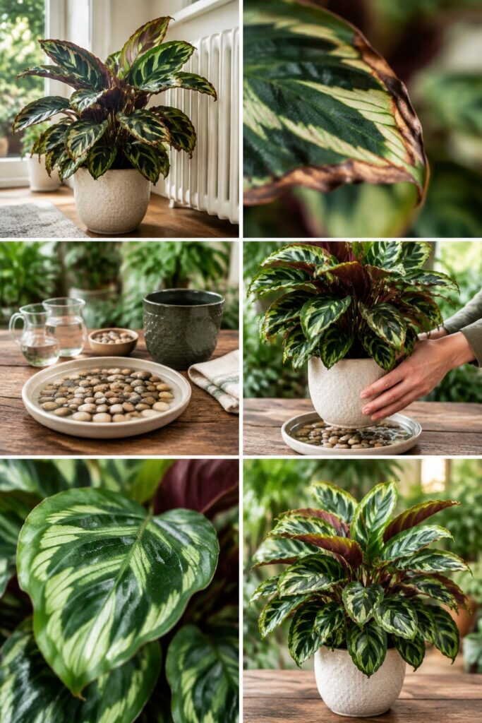 Calathea aux bords bruns : l'air de votre salon est trop sec, la coupelle qui règle ça