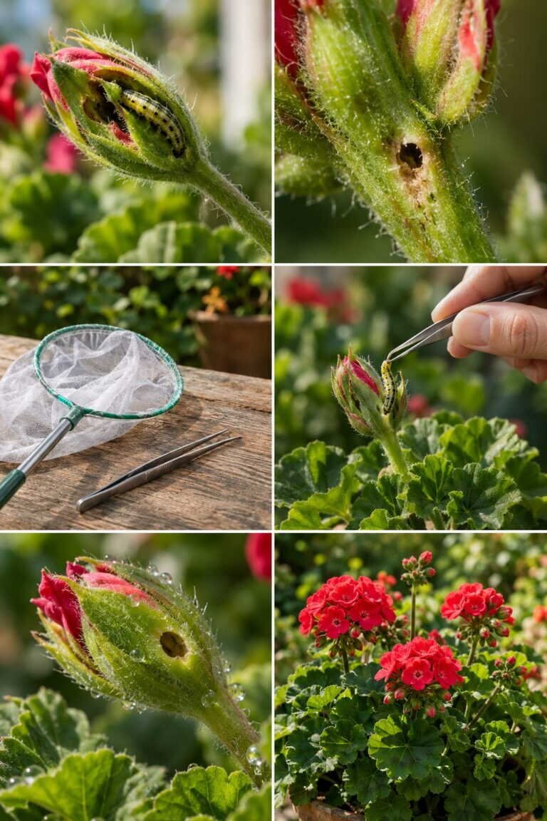 Chenilles vertes dans les géraniums : la pyrale, voici quoi faire avant qu&rsquo;elle mange tout