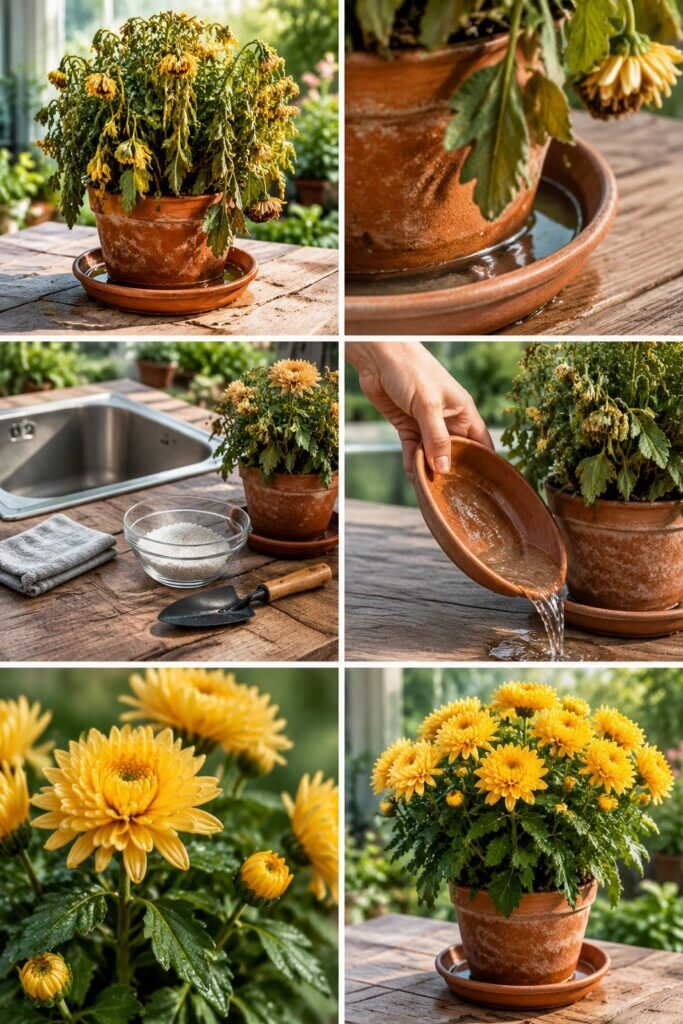 Chrysanthème en pot qui fane en 3 jours : la soucoupe pleine le noie