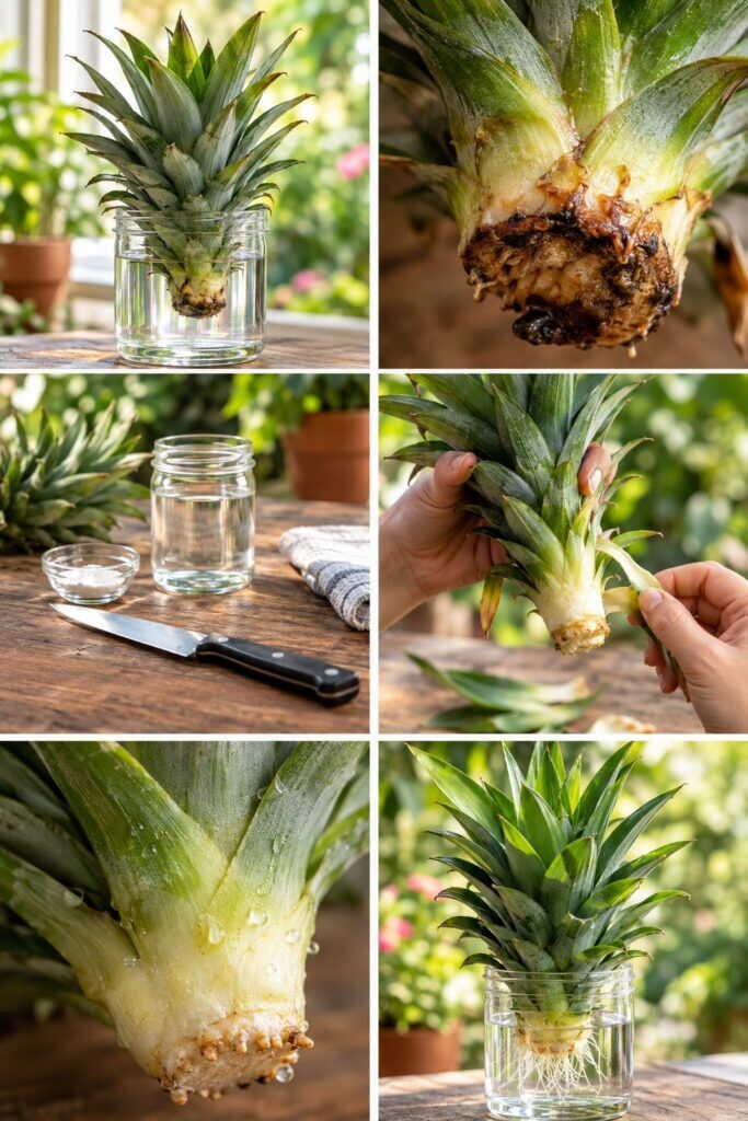 Couronne d'ananas qui pourrit dans l'eau : retirez les feuilles du bas