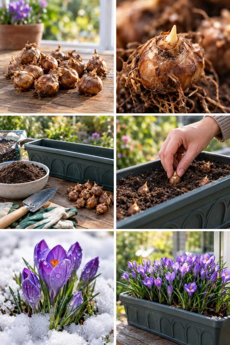 Crocus en jardinière : plantés en octobre, fleuris en février sous la neige