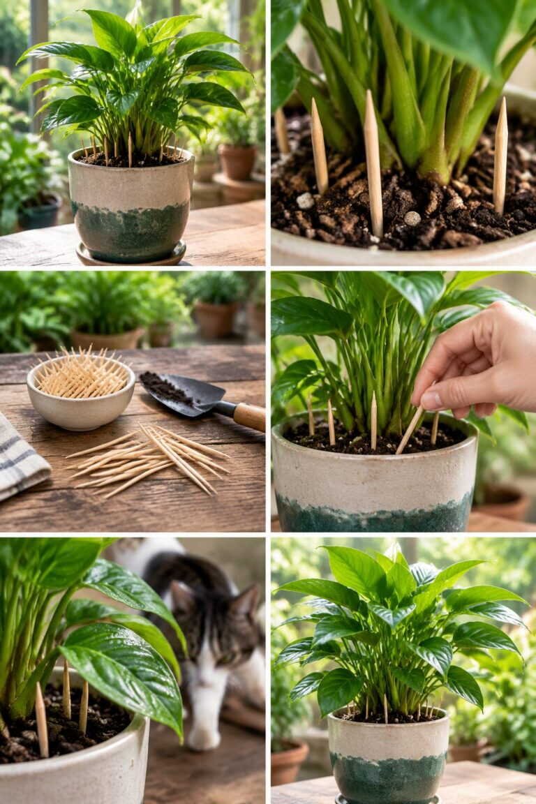 Cure-dents plantés dans le pot : le chat ne gratte plus la terre
