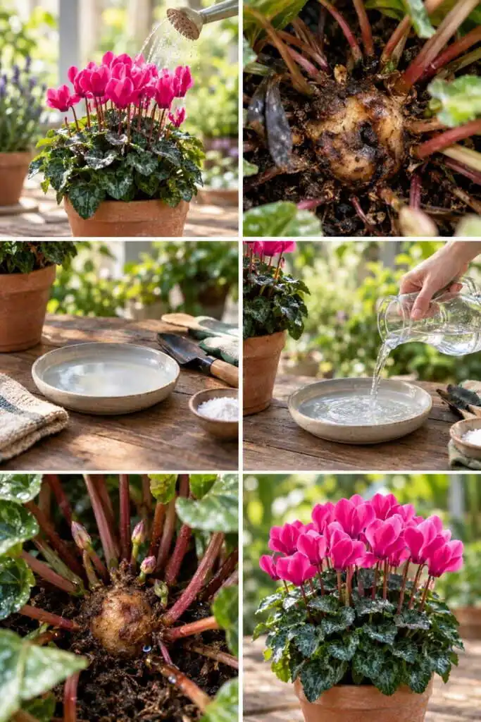 Cyclamen : arrosez par la soucoupe, jamais sur le cœur