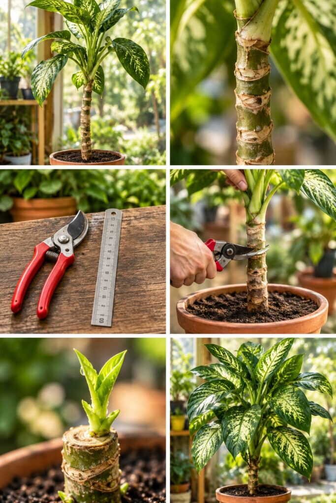 Dieffenbachia tout dégarni avec un tronc nu : coupez à 15 cm, il revient plus beau