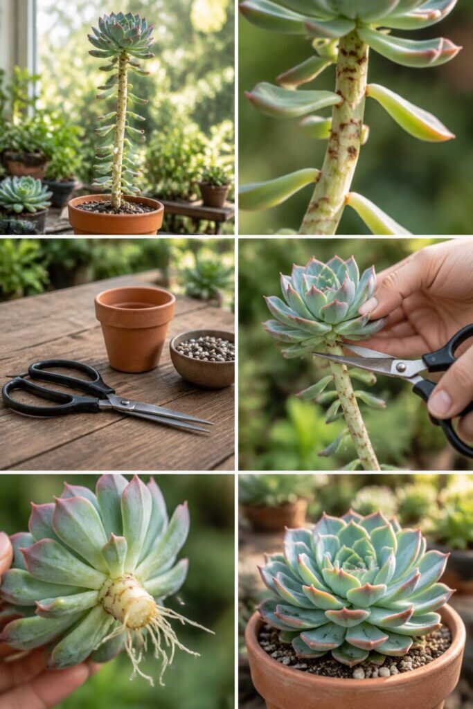 Echeveria qui s'ouvre et s'allonge : elle cherche la lumière, coupez la tête et replantez