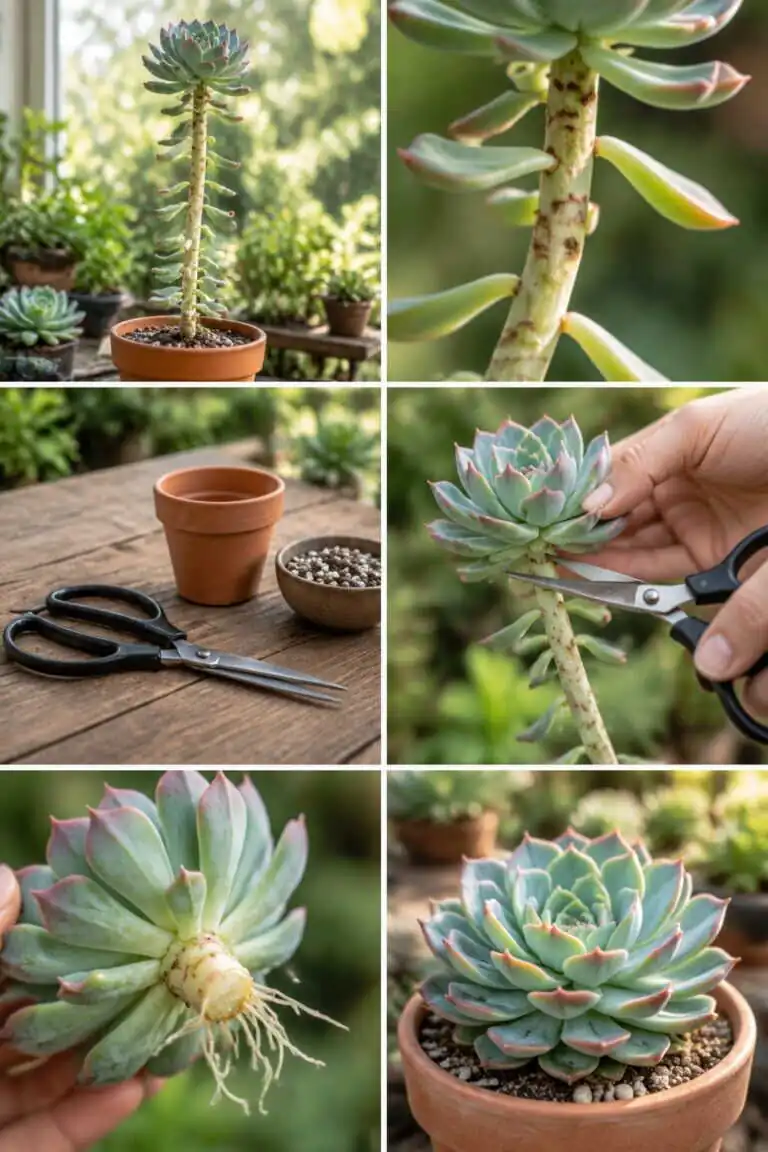 Echeveria qui s&rsquo;ouvre et s&rsquo;allonge : elle cherche la lumière, coupez la tête et replantez