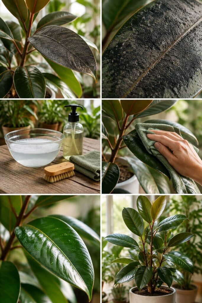 Feuilles noires comme de la suie : la fumagine, nettoyez au savon, cherchez les insectes