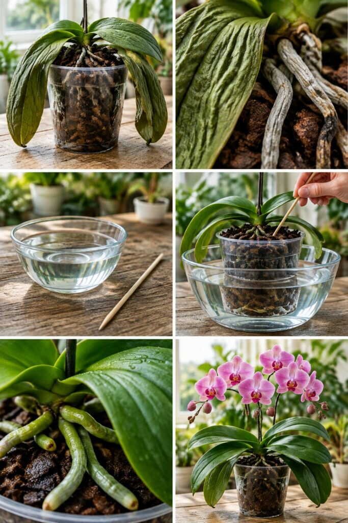 Feuilles ridées sur l'orchidée : elle a soif, même si le terreau semble humide