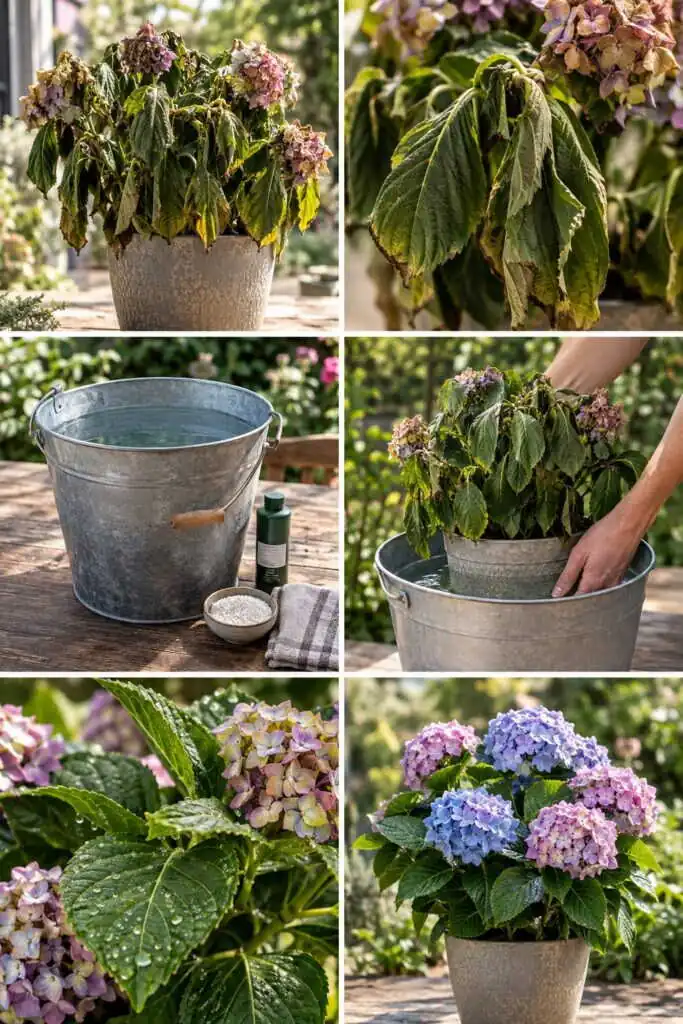 Hortensia en pot qui flétrit en canicule : le grand bain du soir