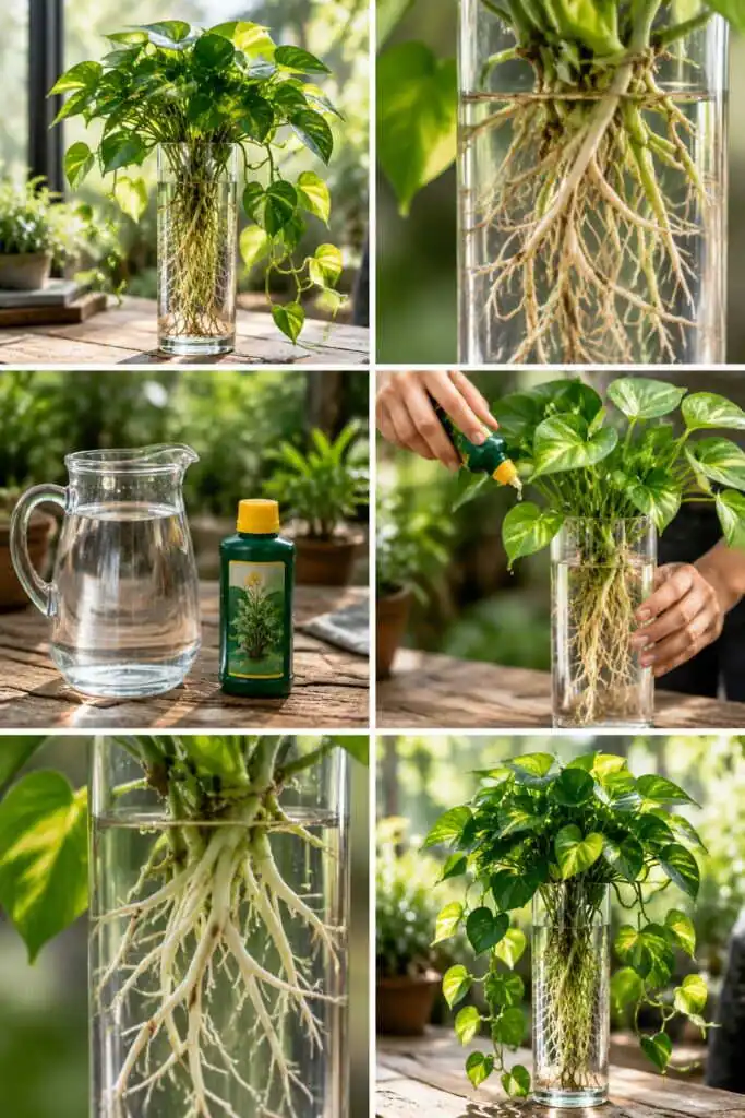 Le pothos vit des années dans un simple vase d'eau, à une condition