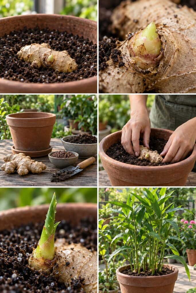Morceau de gingembre : dans le terreau, la plante sort en 3 semaines