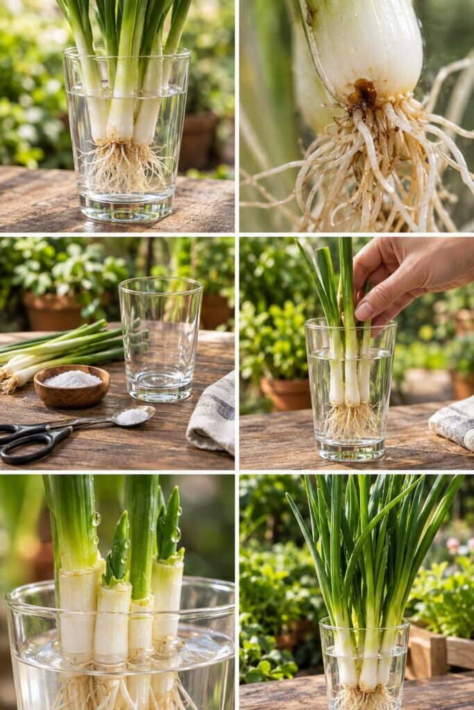 Oignon vert : le fond dans un verre d'eau repousse en 5 jours