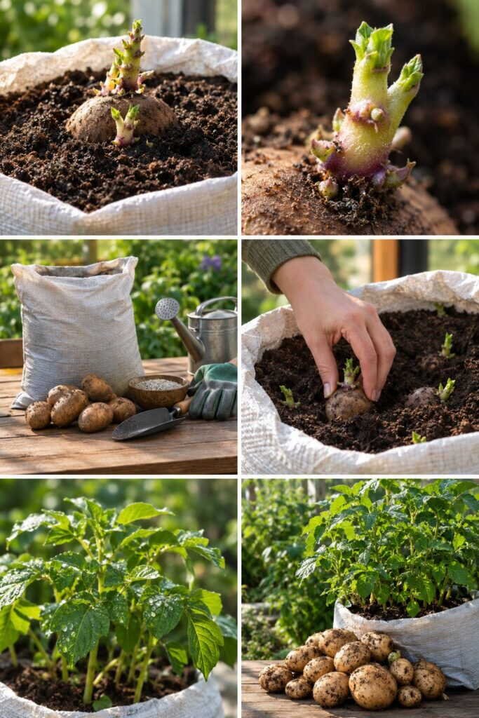 Pomme de terre germée dans un sac de terreau : 4 kg à récolter sur le balcon