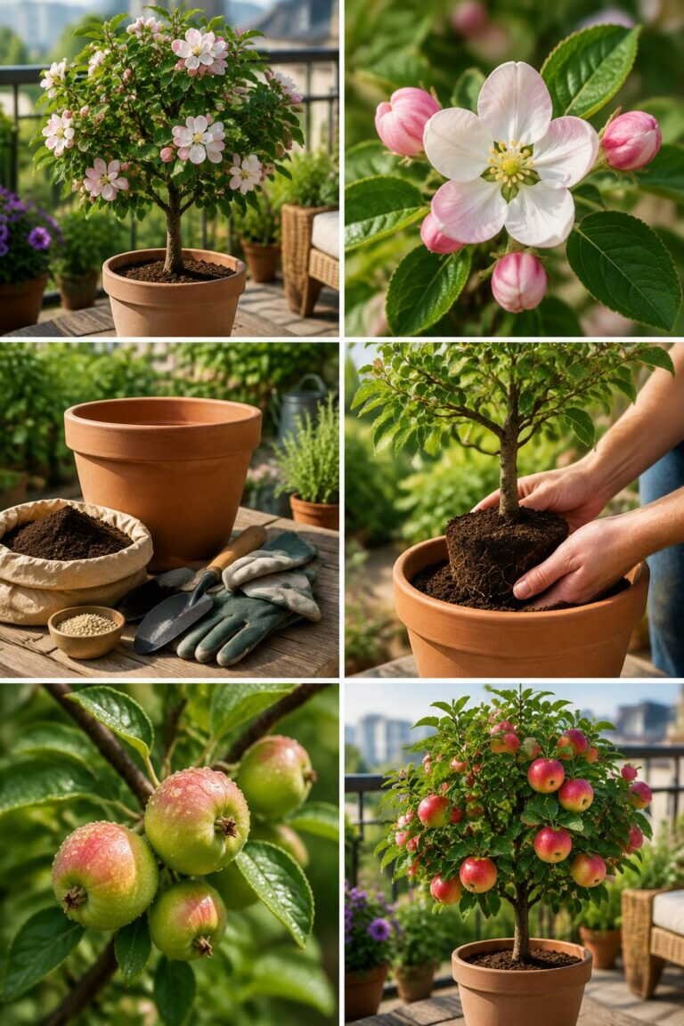 Pommier nain en pot sur balcon : des pommes la 2e année
