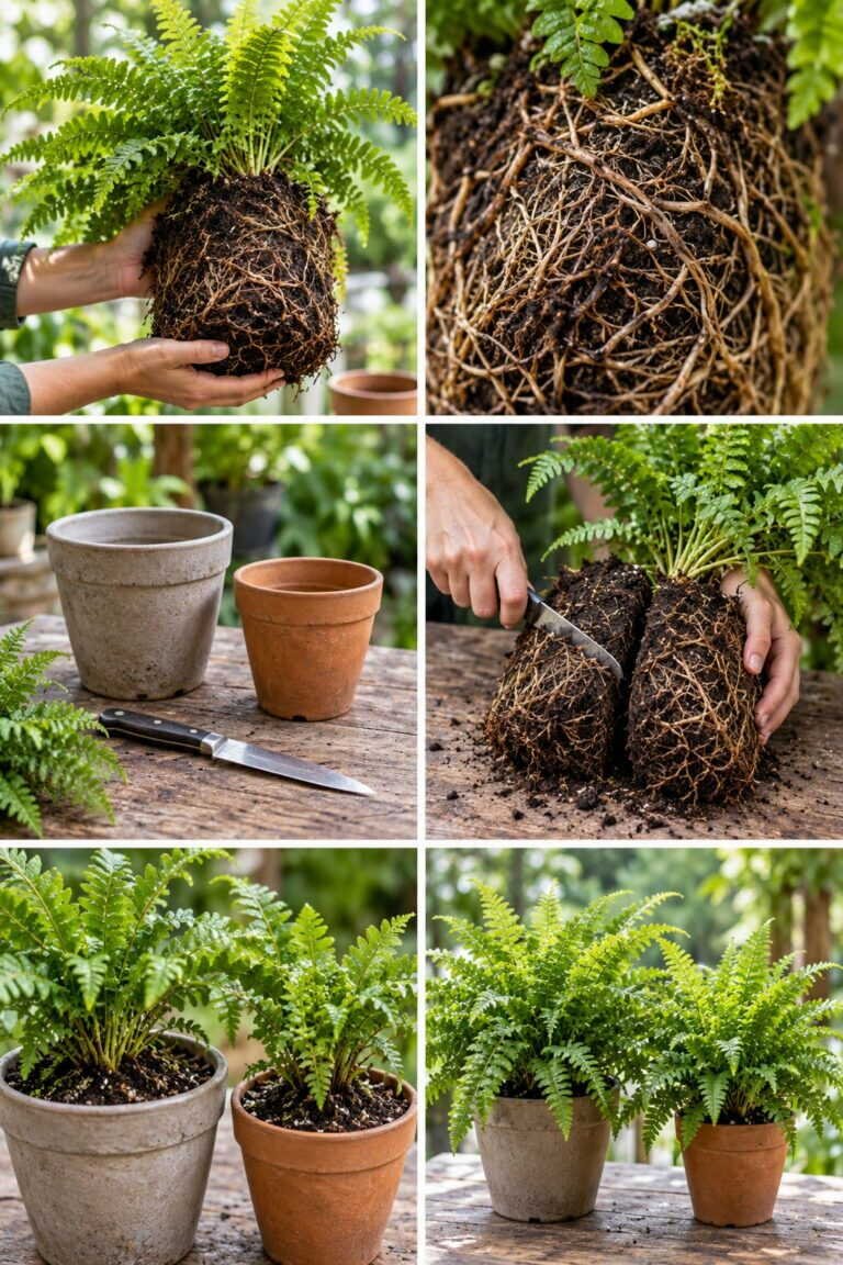 Rempoter une fougère : coupez la motte en 2 au couteau, vous avez 2 plantes