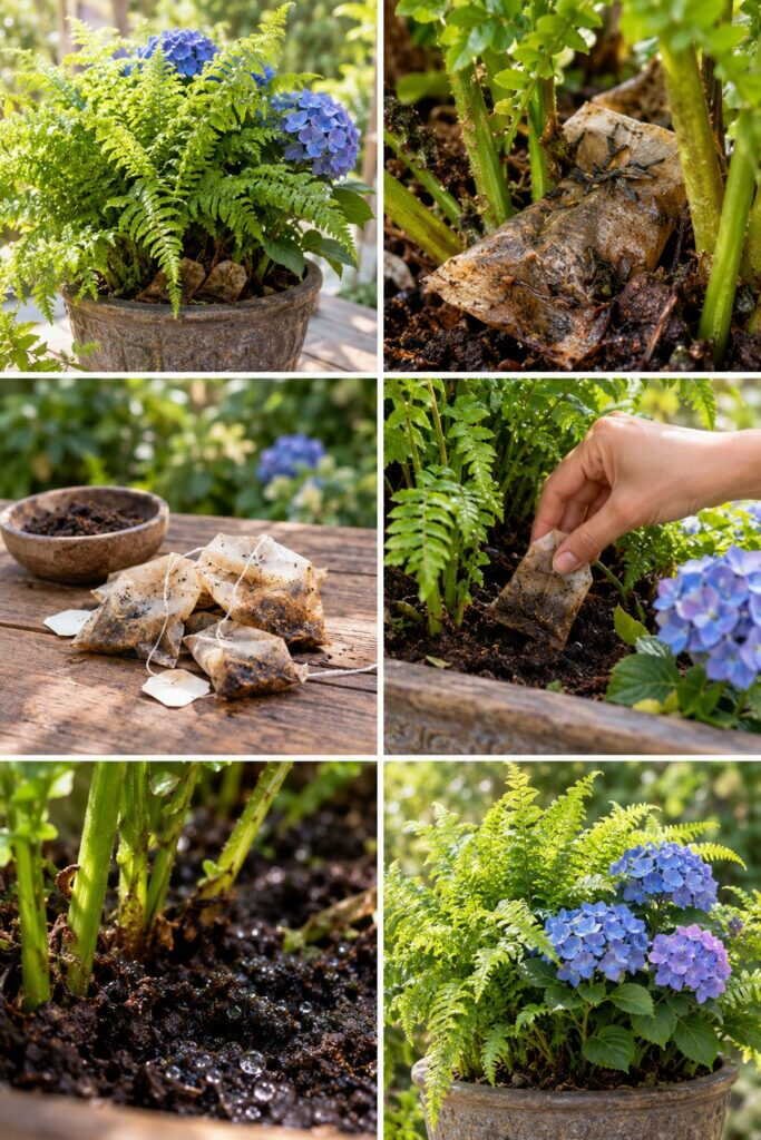 Sachets de thé usagés : au pied des fougères et des hortensias