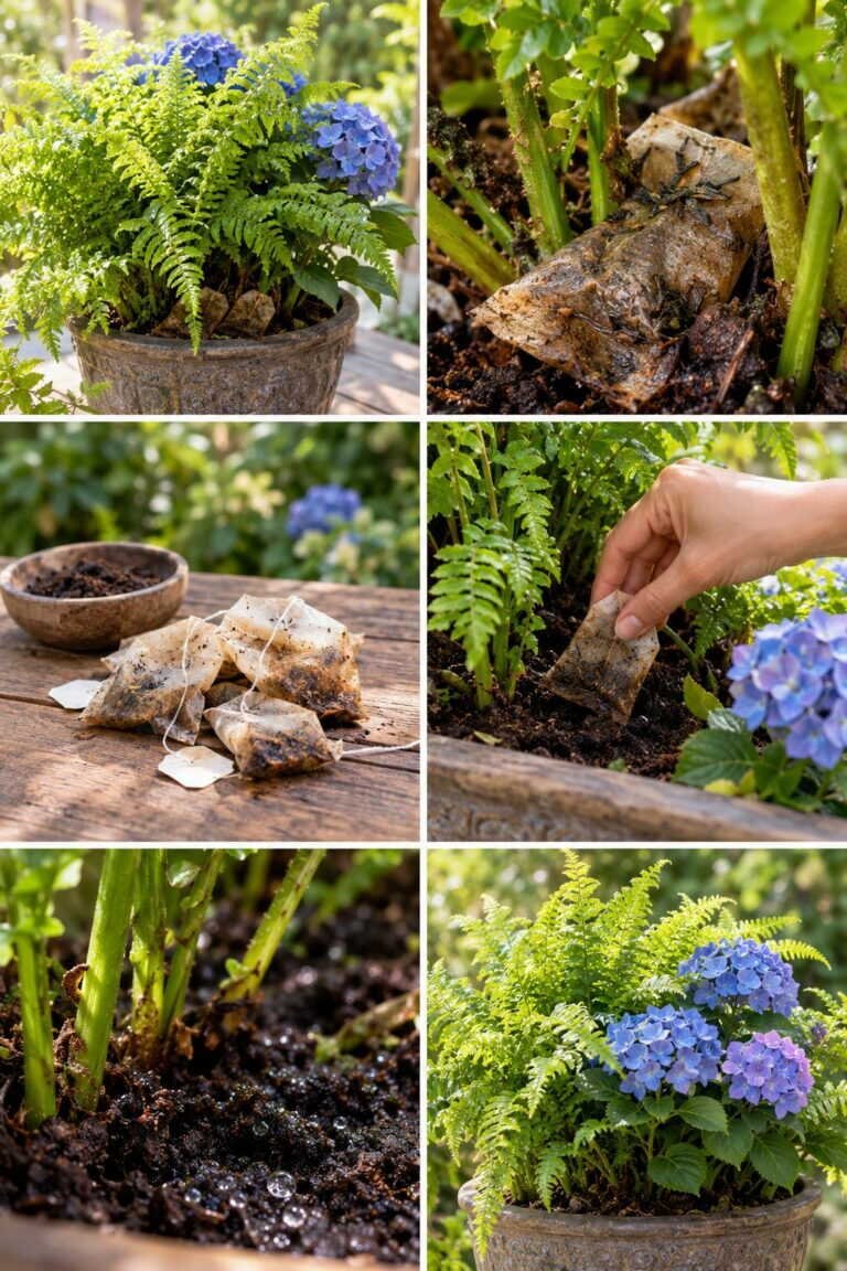 Sachets de thé usagés : au pied des fougères et des hortensias