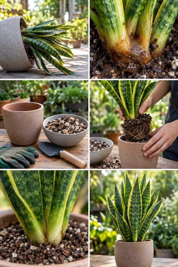 Sansevieria qui bascule sur le côté : le pot trop grand la fait pourrir par le pied