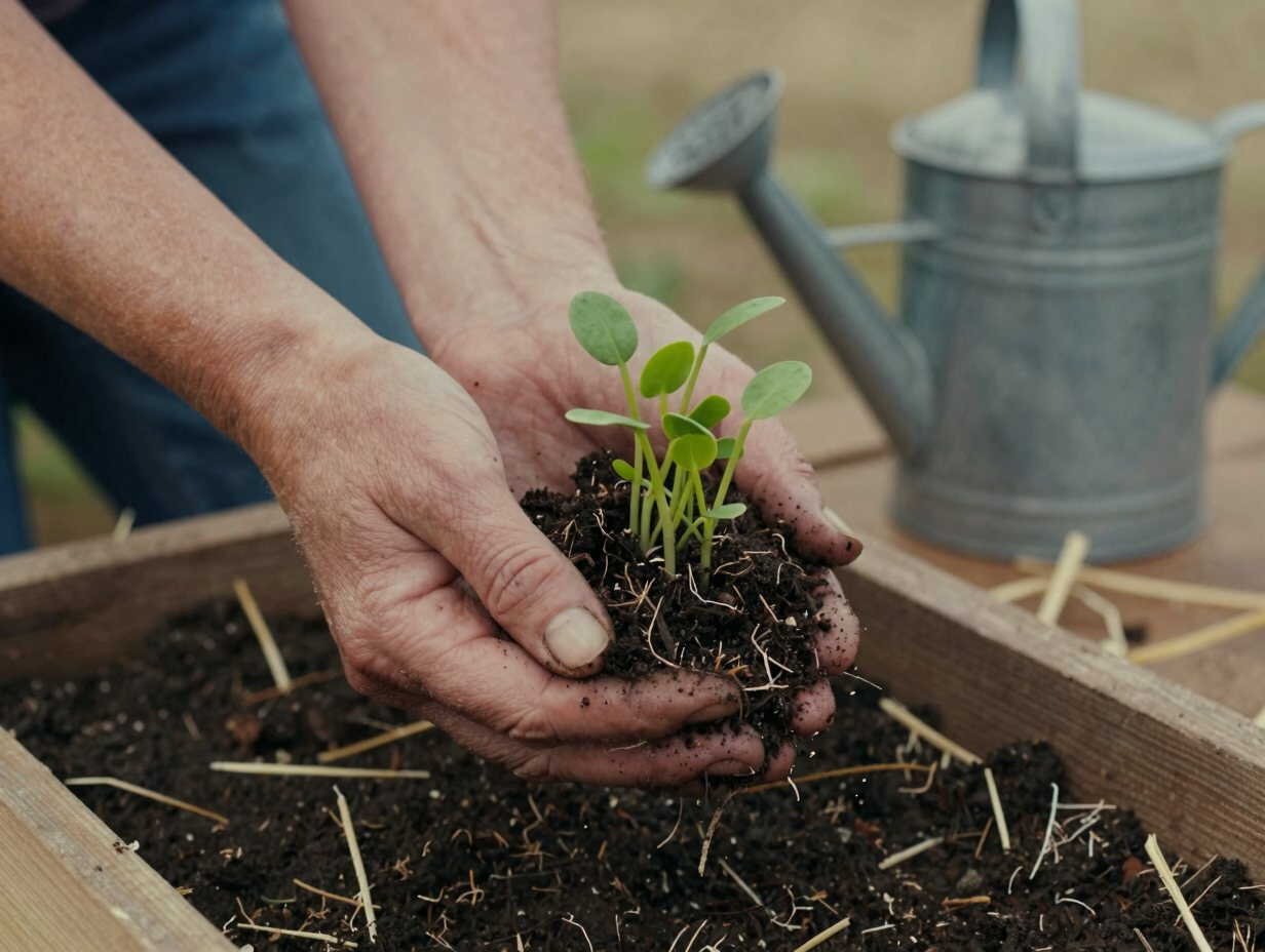 Mains tenant une motte de jeunes plants avec leurs racines