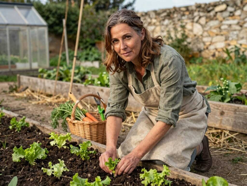 Sophie Lemoine plantant des salades dans son potager en Anjou
