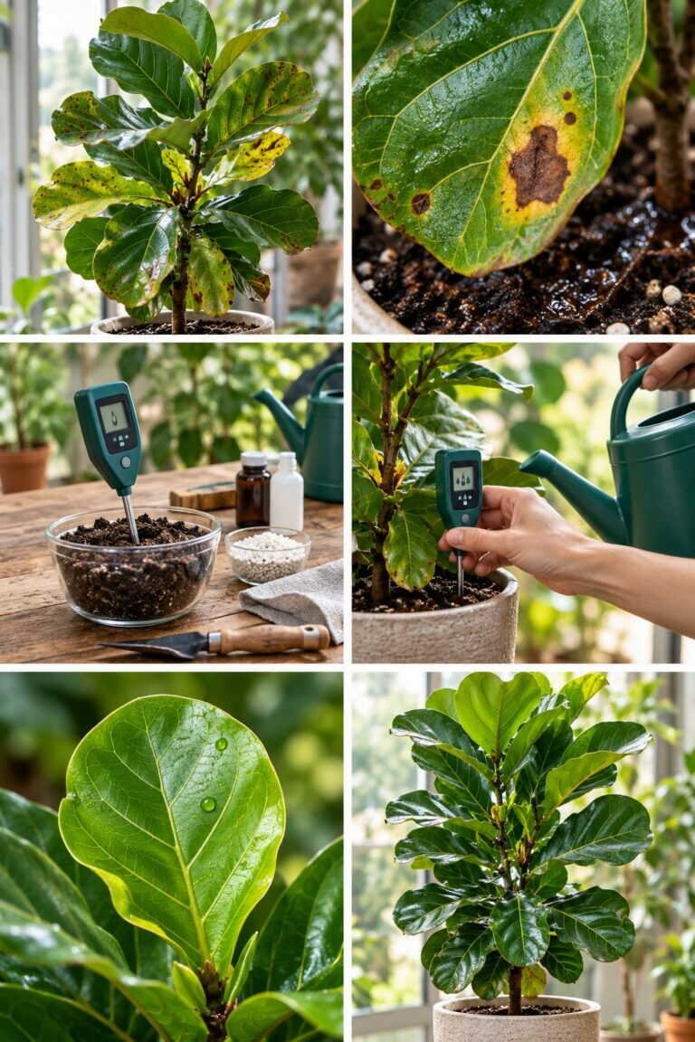 Taches brunes sur le ficus lyrata : 9 fois sur 10 c&rsquo;est l&rsquo;arrosage, pas une maladie