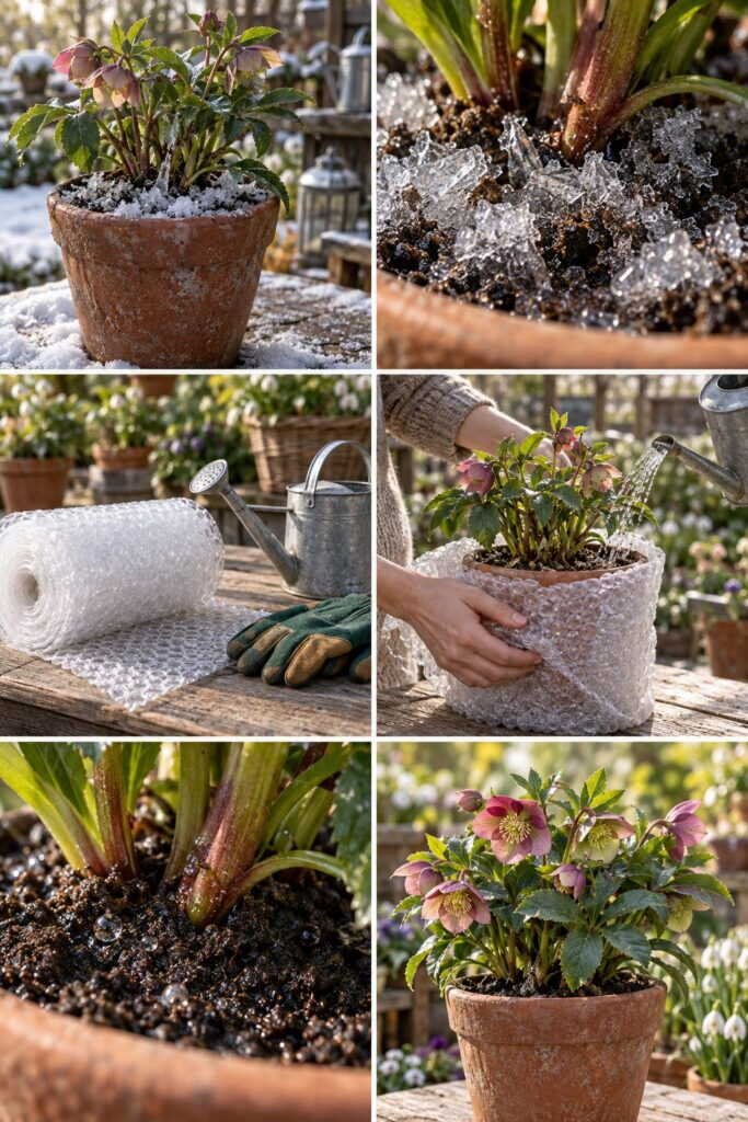 Terreau qui gèle dans les pots : la plante meurt de soif, pas de froid