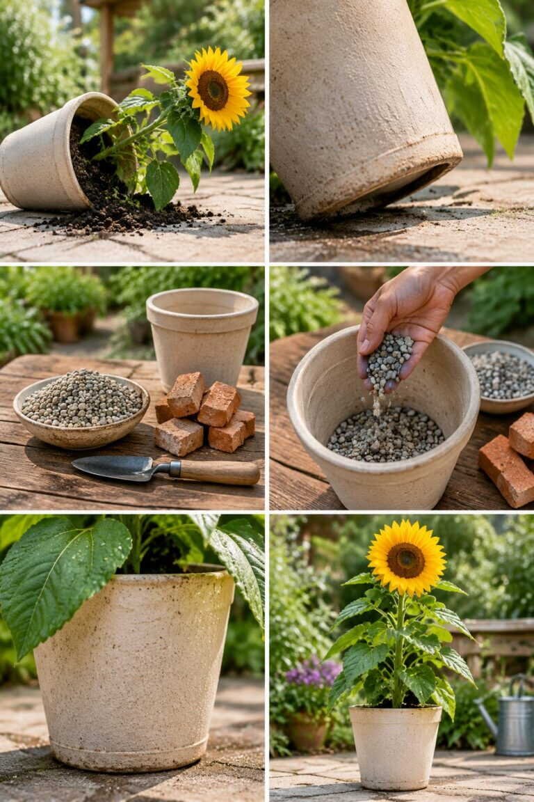 Tournesol en pot qui tombe : le pot est trop léger, voici quoi mettre au fond