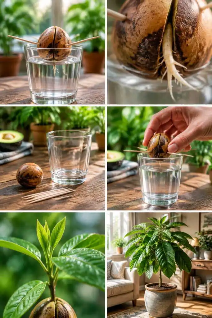 Un avocatier dans votre salon : le noyau, 3 cure-dents, un verre d'eau