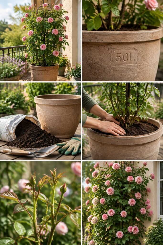 Un rosier grimpant sur balcon : oui, avec au moins 50 litres de terre