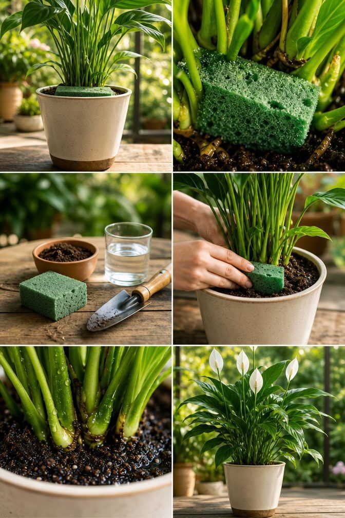 Une éponge au fond du pot avant le terreau : fini les plantes qui sèchent