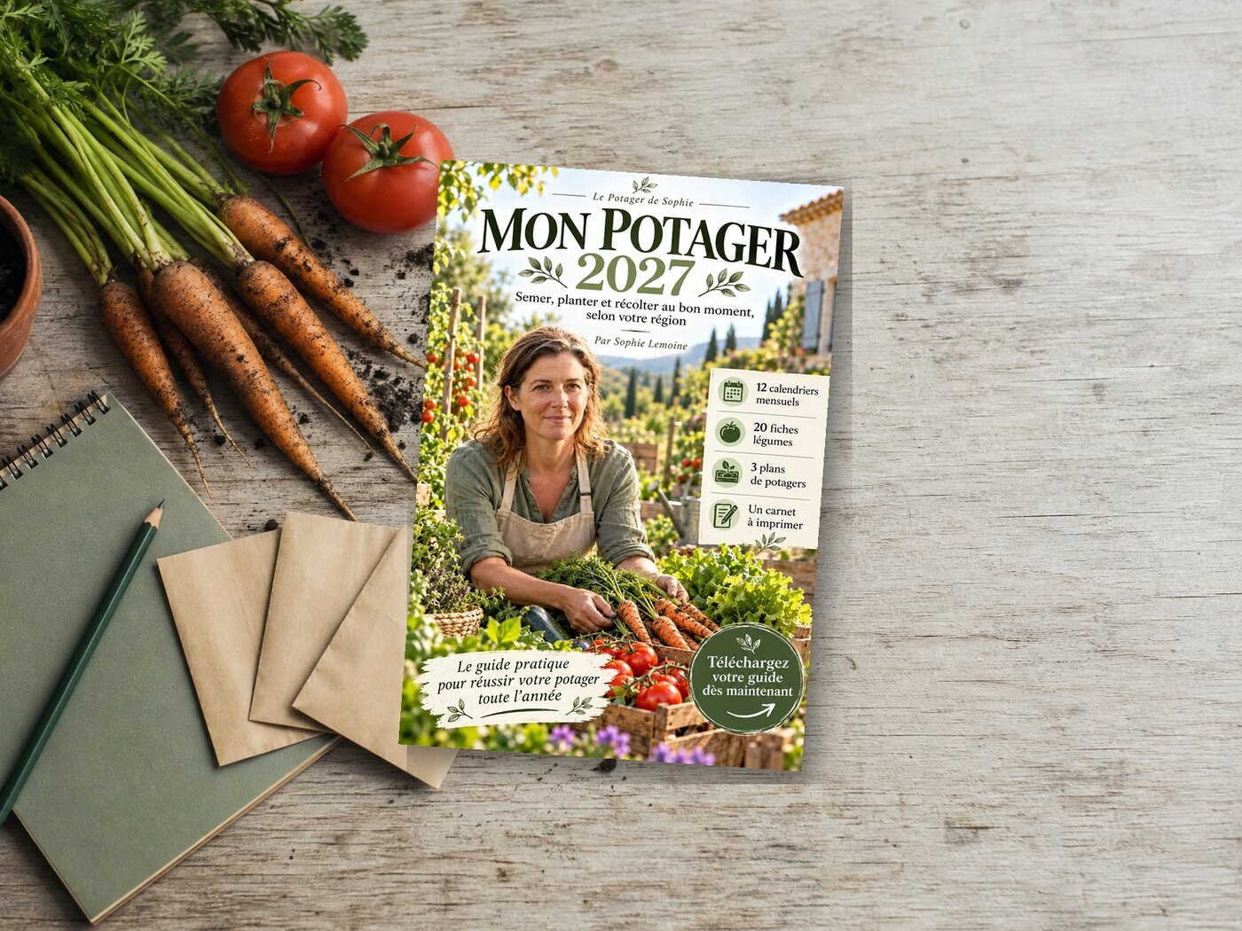 Le guide Mon Potager 2027 posé sur une table de jardin, avec un carnet, des sachets de graines, des carottes et des tomates